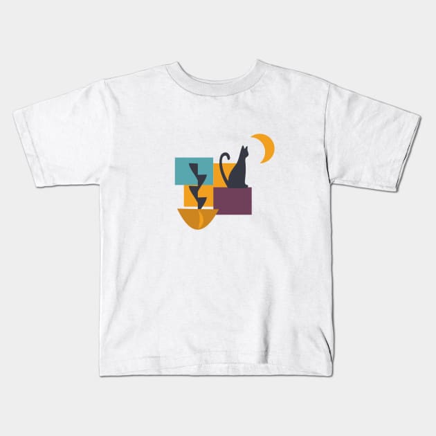 Cat Window Night Crescent Moon Kids T-Shirt by oknoki